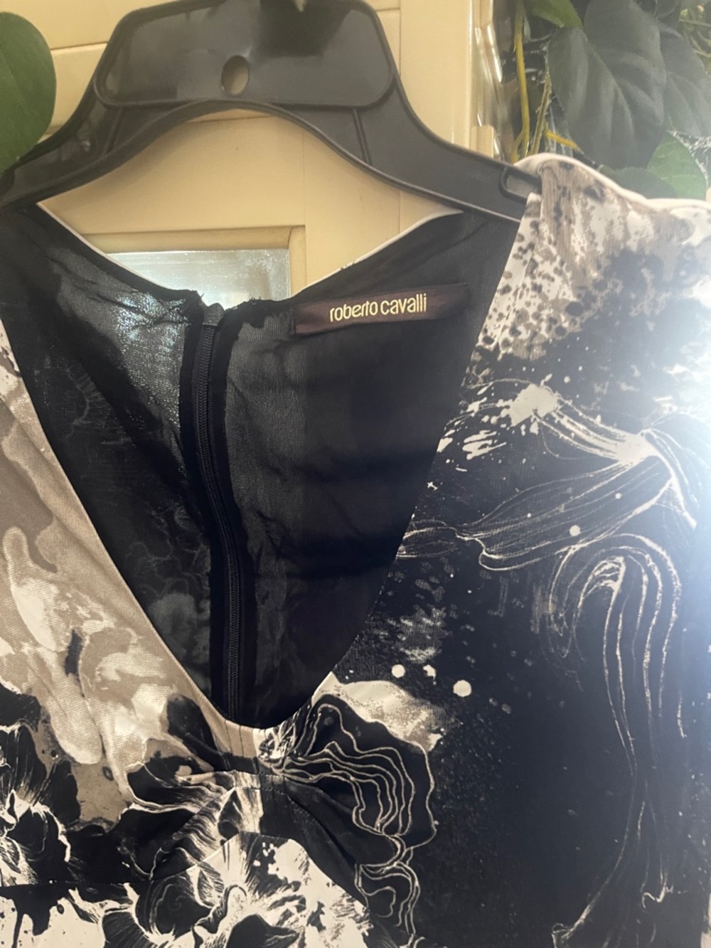 Roberto Cavalli Black & White Abstract V-Neck Dress